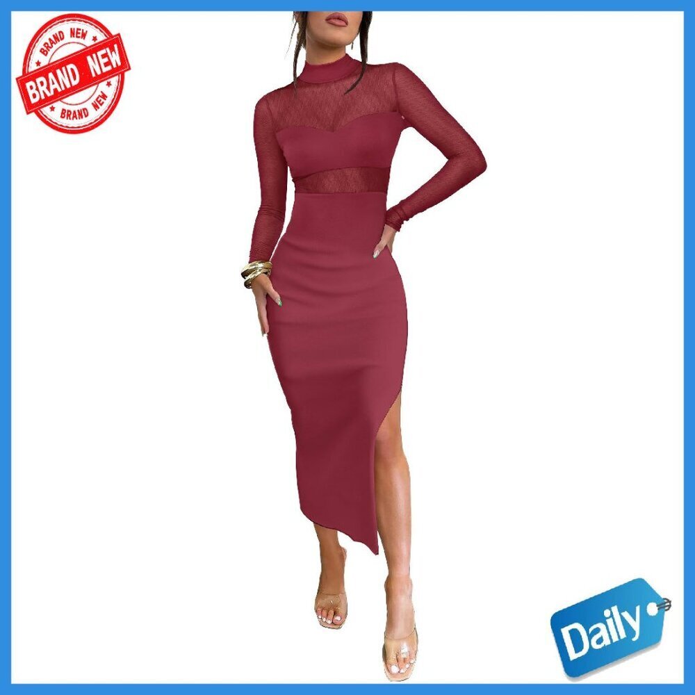 Mesh Bodycon Dress Set Long Sleeve Mock Neck Midi 3 Piece Outfit